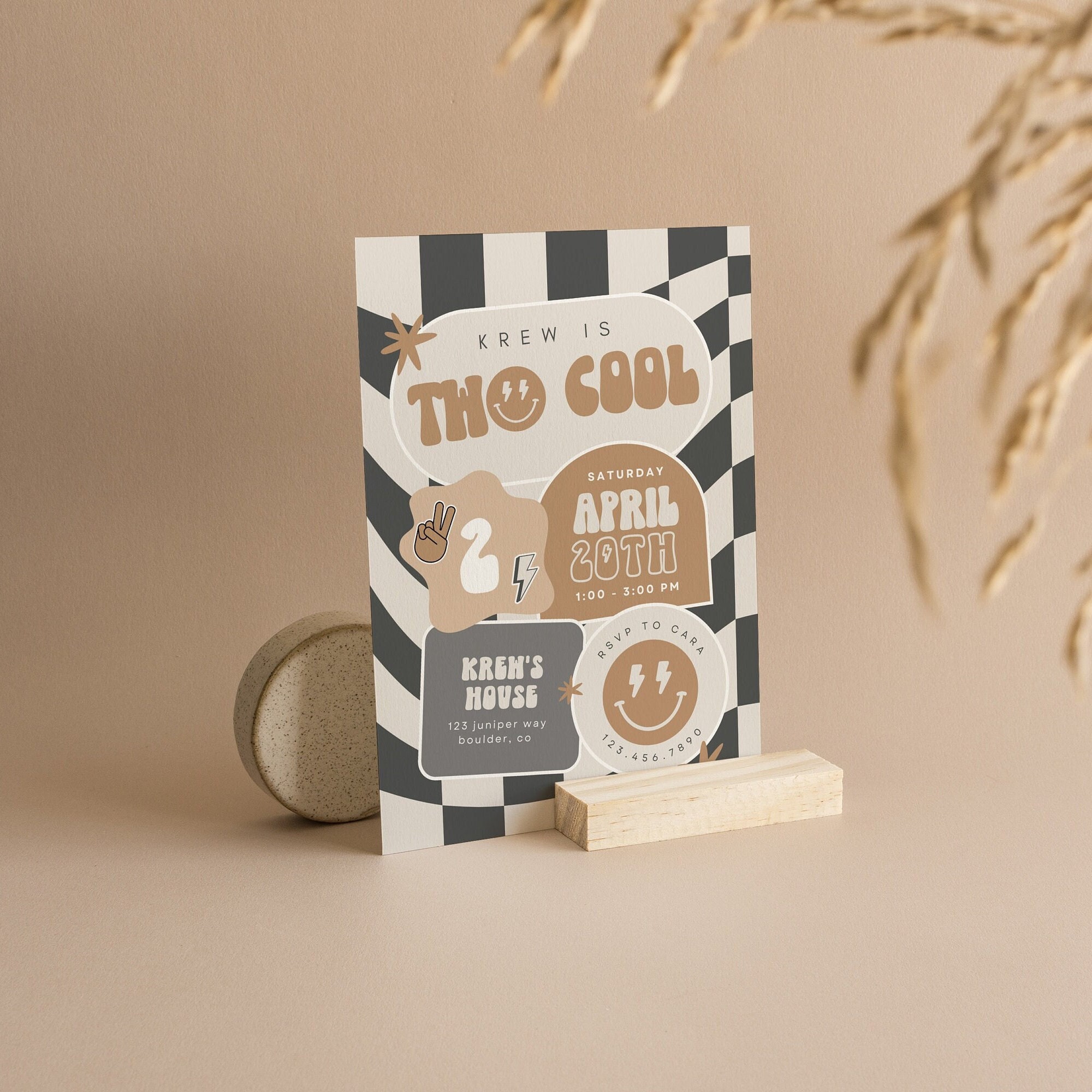 Boy Second Birthday Invite TWO COOL Birthday Invitation Smiley Face Retro Birthday Editable Digital Template Instant Download