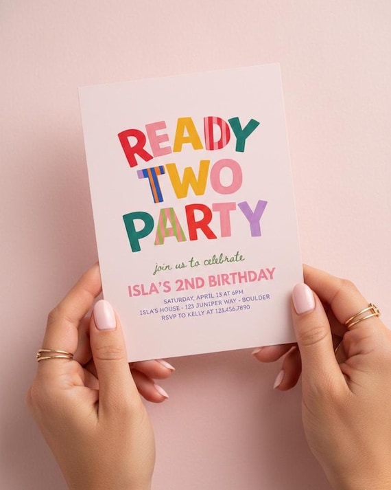 Ready Two Party Birthday Invitation, Girls 2nd Birthday Invite, Editable Canva Template, Colorful Second Birthday, Instant Download 301