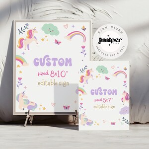 Puede incluir: Dos carteles imprimibles con tem&aacute;tica de unicornio, uno de 8x10 pulgadas y otro de 5x7 pulgadas, con un arco&iacute;ris, nubes, mariposas y estrellas. Los carteles dicen "Custom sized 8x10" y "Custom sized 5x7" y "editable sign".