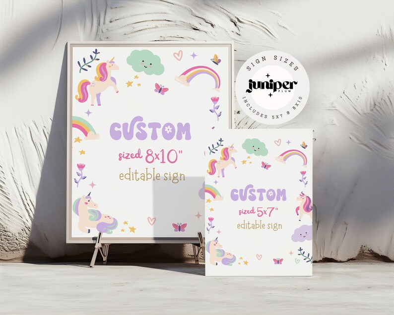 Puede incluir: Dos carteles imprimibles con tem&aacute;tica de unicornio, uno de 8x10 pulgadas y otro de 5x7 pulgadas, con un arco&iacute;ris, nubes, mariposas y estrellas. Los carteles dicen "Custom sized 8x10" y "Custom sized 5x7" y "editable sign".