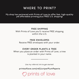May include: A graphic with the text "Where to Print?" and information about free shipping, free envelopes, and a tree planting program with every order from Prints of Love. The text "prints of love" is in a pink heart.