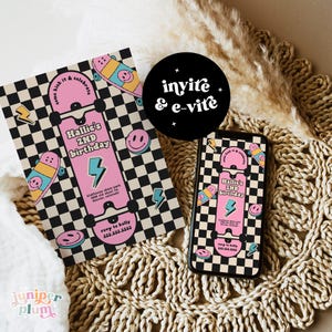May include: A pink and blue birthday invitation with a checkered background and a skateboard design. The text on the invitation reads "Hallie's 2nd Birthday".