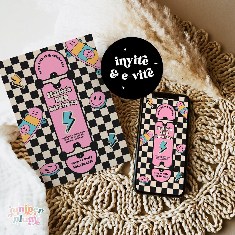 May include: A pink and blue birthday invitation with a checkered background and a skateboard design. The text on the invitation reads "Hallie's 2nd Birthday".