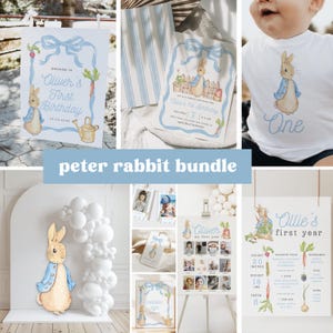 Pacchetto per il primo compleanno di Peter Rabbit, modello di invito rustico modificabile per coniglietto, 1° compleanno, festa per bambini stampabile, pacchetto per feste con download immediato