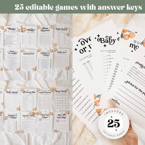 May include: A set of 25 printable baby shower games with orange and white floral designs. The games include "Baby or Not", "Guess the Price", "Baby Animal Matching", "Celebrity Baby Names", "Over or Under", "Mommy or Daddy Says", "What Baby Item", "Baby Name Bingo", "Old Wives Tales", "Baby Bingo", "Find the Quest", "Mommy or Daddy", "Grocery Store Quiz", "Who's That Guest", "How Old Was She", and "Guess the Baby's Birthdate".