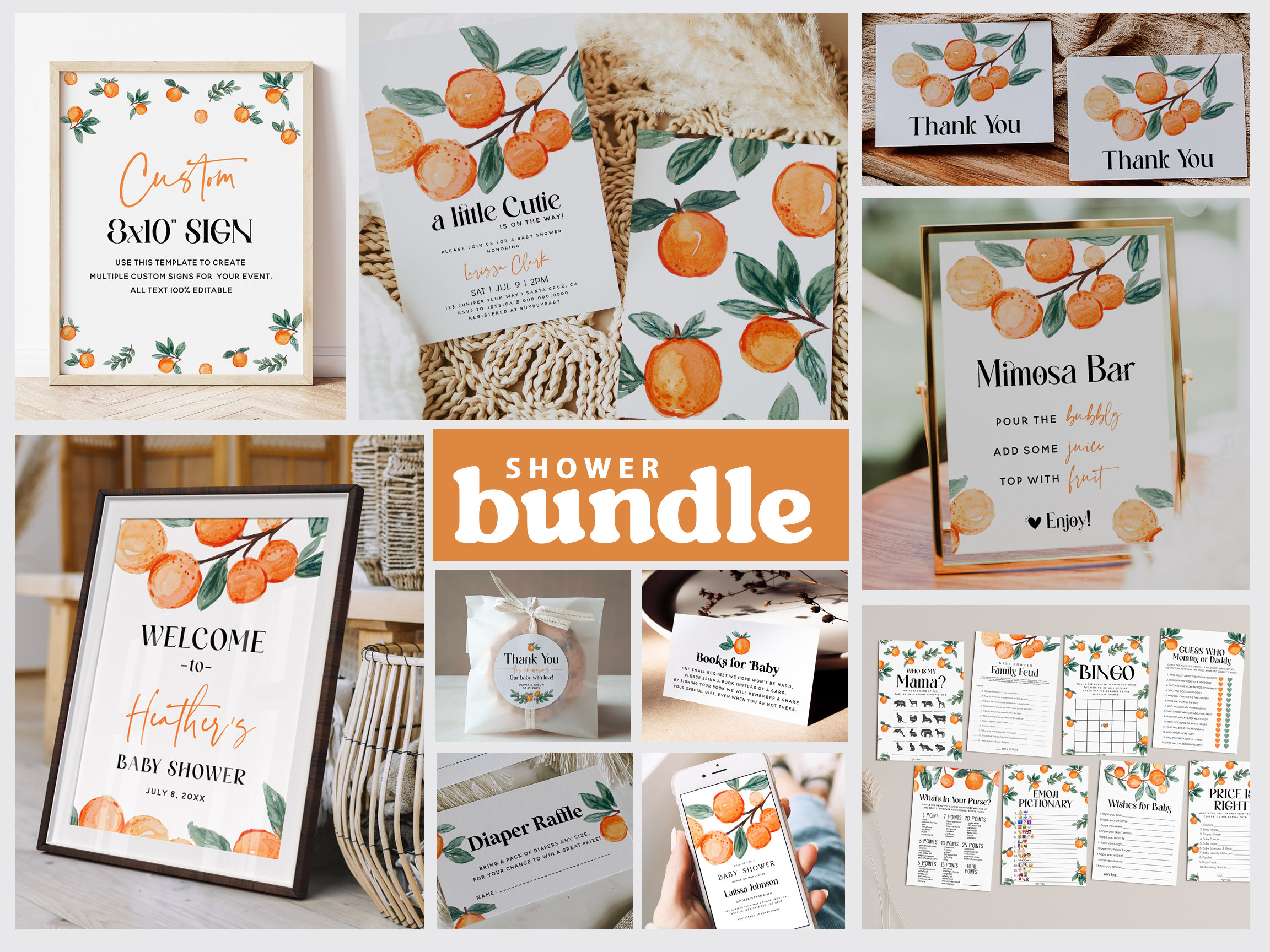 A Little Cutie is on the Way Baby Shower Bundle, editierbares Gender Neutral Baby Shower Paket, Clementine Set, editierbarer Instant Download NORA
