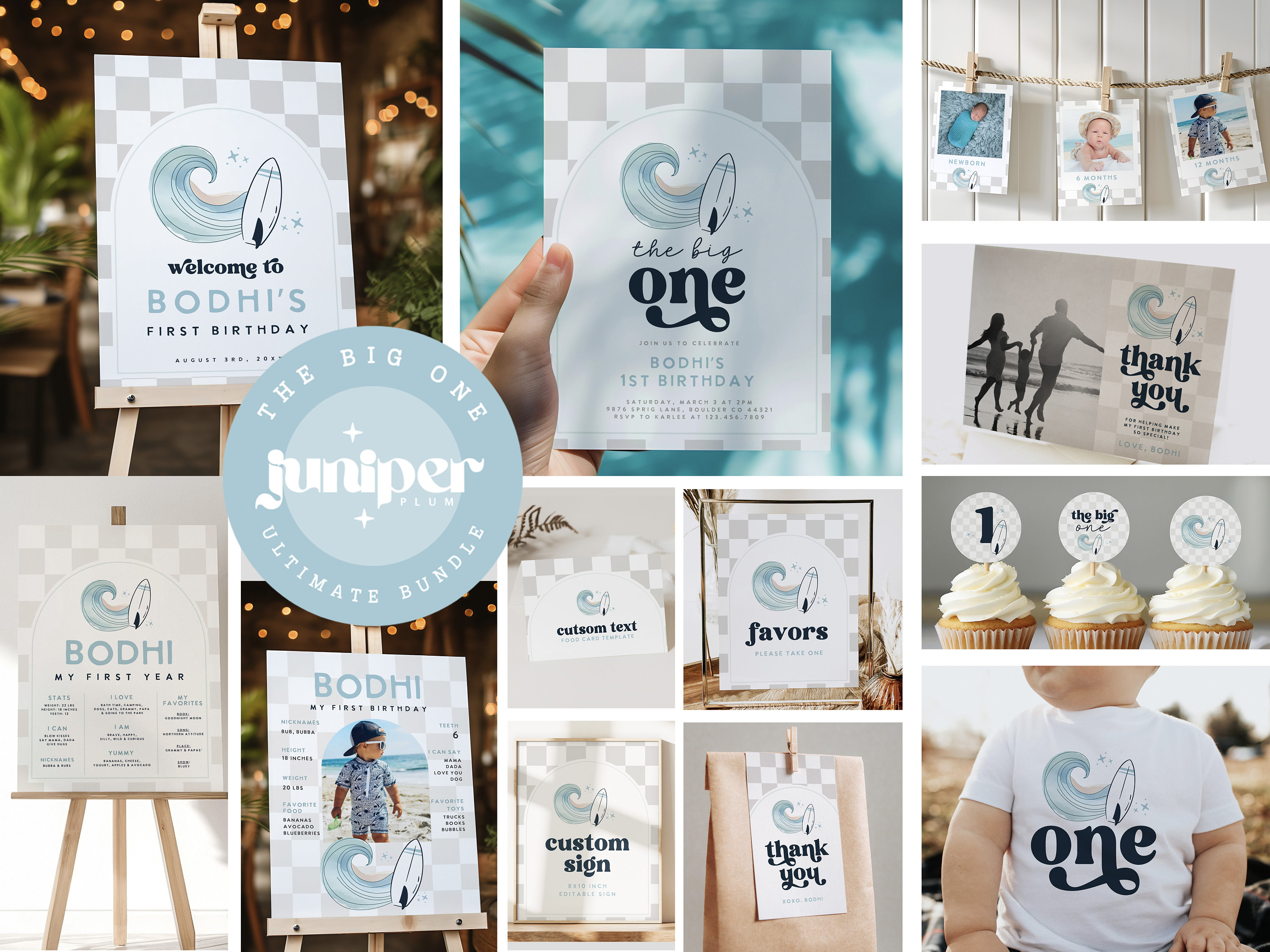 The Big ONE Birthday Invitation Boy First Birthday Surf Retro Birthday Editable Digital Template Instant Download