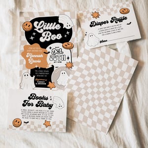 May include: A collection of Halloween-themed baby shower invitations and inserts. The invitations feature a checkerboard pattern, ghosts, pumpkins, and the text "Little Boo" and "Diaper Raffle". The color scheme includes beige, black, and orange.