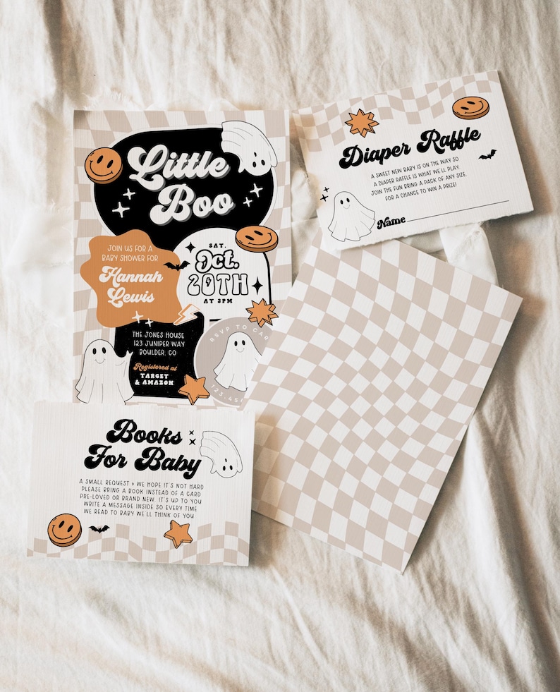 May include: A collection of Halloween-themed baby shower invitations and inserts. The invitations feature a checkerboard pattern, ghosts, pumpkins, and the text "Little Boo" and "Diaper Raffle". The color scheme includes beige, black, and orange.