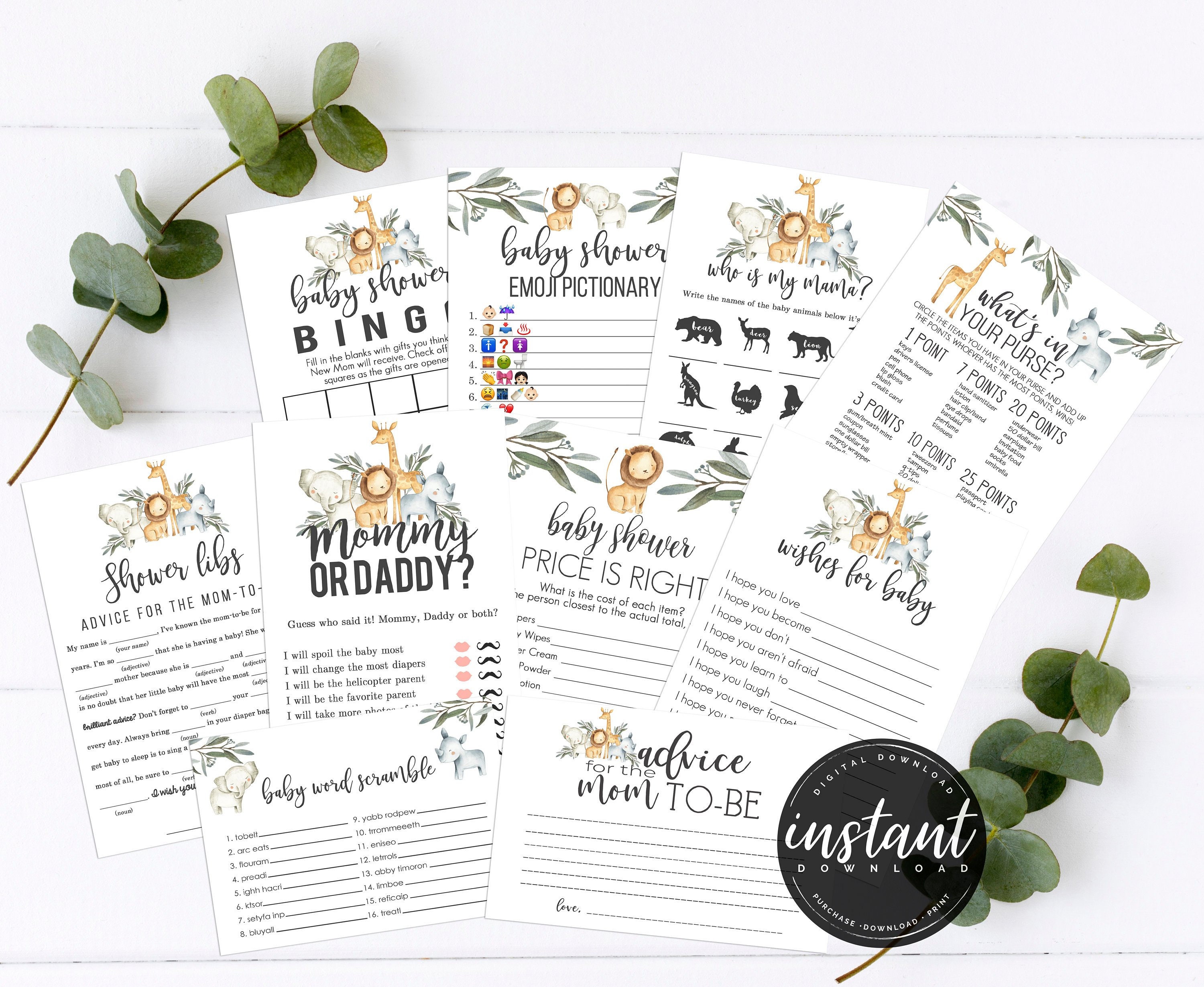 Jungle Baby Shower Games Bundle, Safari Animal Baby Shower Games, Ins…