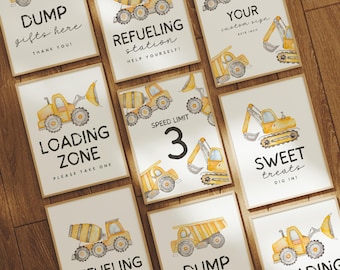 Construction party signs bundle, Editable truck party sign, birthday party signs, dig in construction birthday, construction trucks 258