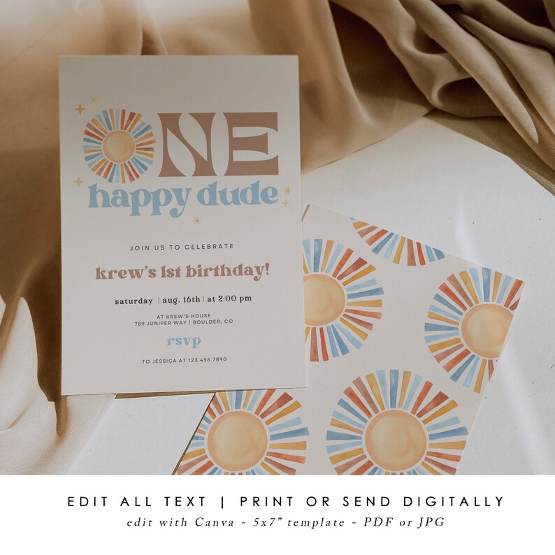 May include: Invitation card with a retro design featuring a sun graphic in shades of orange, blue, and yellow. The text reads "ONE happy dude" and announces a first birthday party. Includes RSVP details and editing instructions.