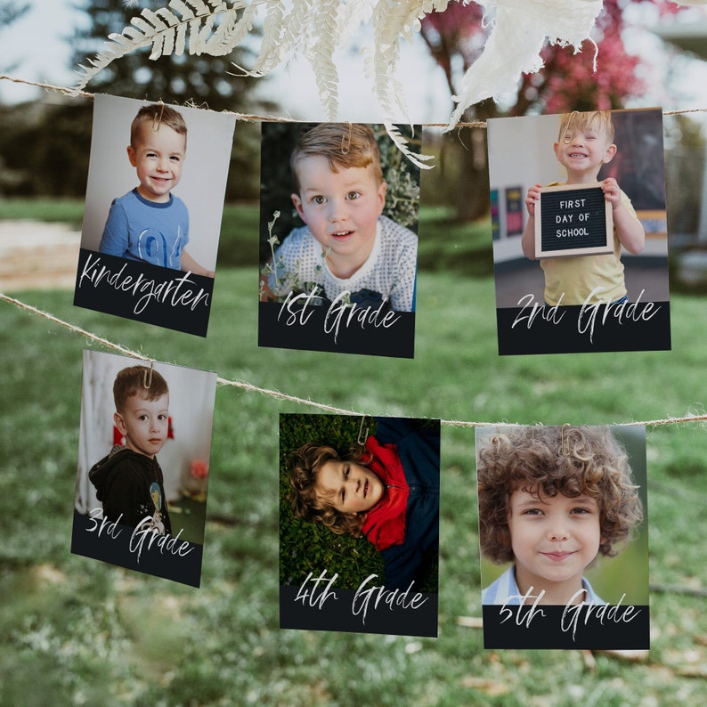 May include: A set of 6 black photo cards with white text and a photo of a child on each card. The cards are strung together with twine and are labeled with the grade levels: Kindergarten, 1st Grade, 2nd Grade, 3rd Grade, 4th Grade, and 5th Grade.