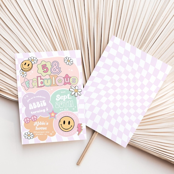 Preppy Five and Fabulous Birthday, Girl 5th Birthday invite Editable Groovy Retro birthday, Fifth Birthday, Disco Girl Birthday Emoji