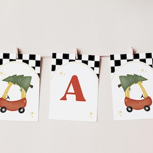 Banner de cumpleaños de coche navideño, primer cumpleaños de niño, cumpleaños de invierno con coche de juguete, cumpleaños retro de niño, plantilla de banner con letras editables