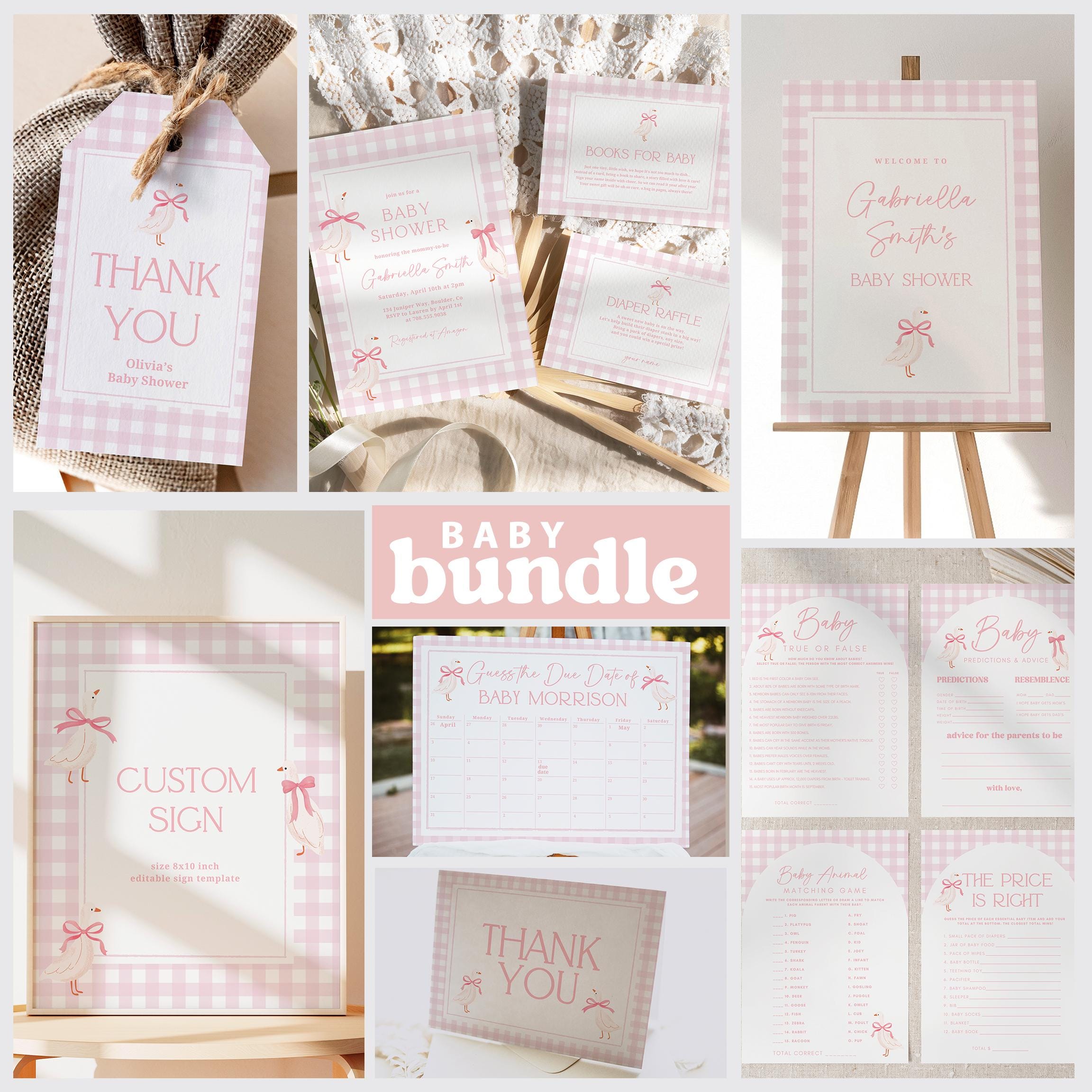 Girl Goose Baby Shower Bundle, Pink Classic Girl Baby Shower Invite, Baby Shower Pink Gingham Plaid Books for Baby Shower Games Set