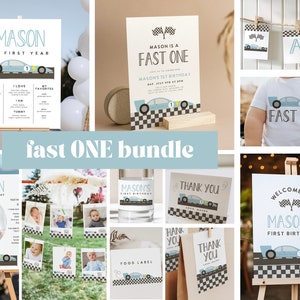 Editable Fast ONE Birthday Invitation Race Car 1st Birthday Invite Racing Car Vintage Racecar Printable Template Instant Download Bundle