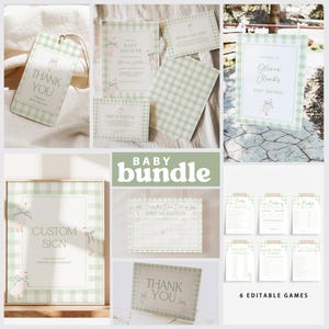 Goose Baby Shower Bundle, Gender Neutral Classic Baby Shower Invite, Green Baby Shower Gingham Plaid Books for Baby Shower Games Set