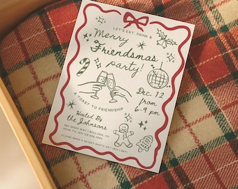 Holiday Cocktail Dinner Party Editable Invitation Template, Jingle & Mingle, Whimsical Festive Hand-Drawn Christmas Drinks, Red Green Merry