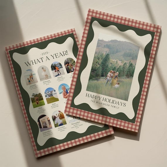 Plaid Christmas Card Template | Wavy Frame Holiday Photo Card | Gingham Canva Template | Modern Rustic Happy Holidays Printable