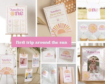 Girl First Trip Around the Sun Birthday, Boho Sun First Birthday, Girl Retro 1st Birthday Party Invite Party Bundle Instant Download, Canva