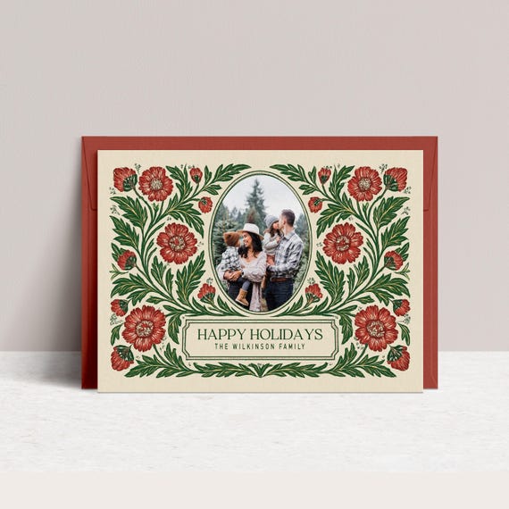 Vintage Floral Christmas Card Template Holiday Photo Card Canva Template Red Green Botanical Happy Holidays Card Elegant Printable Christmas