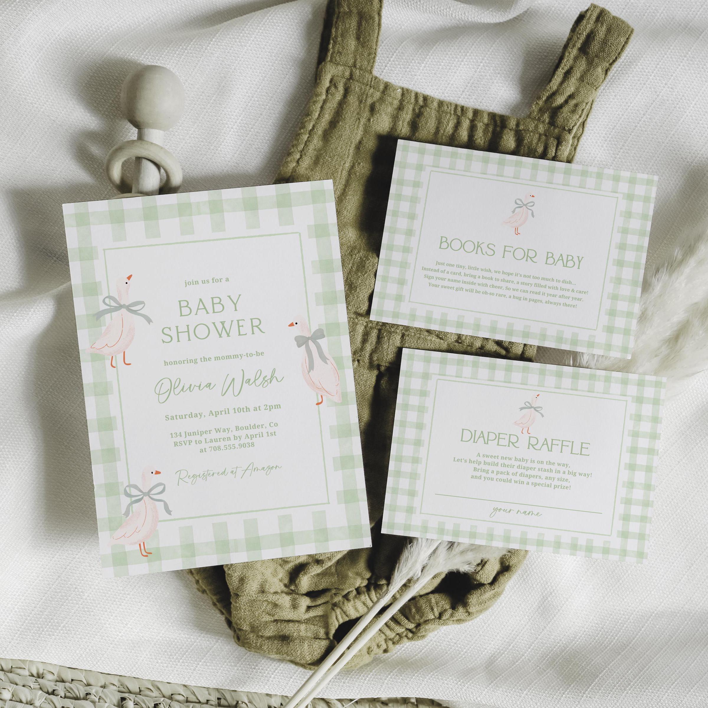 Goose Baby Shower Invitation Set, Gender Neutral Classic Baby Shower Invite, Green Baby Shower Gingham Plaid Books for Baby Diaper Raffle
