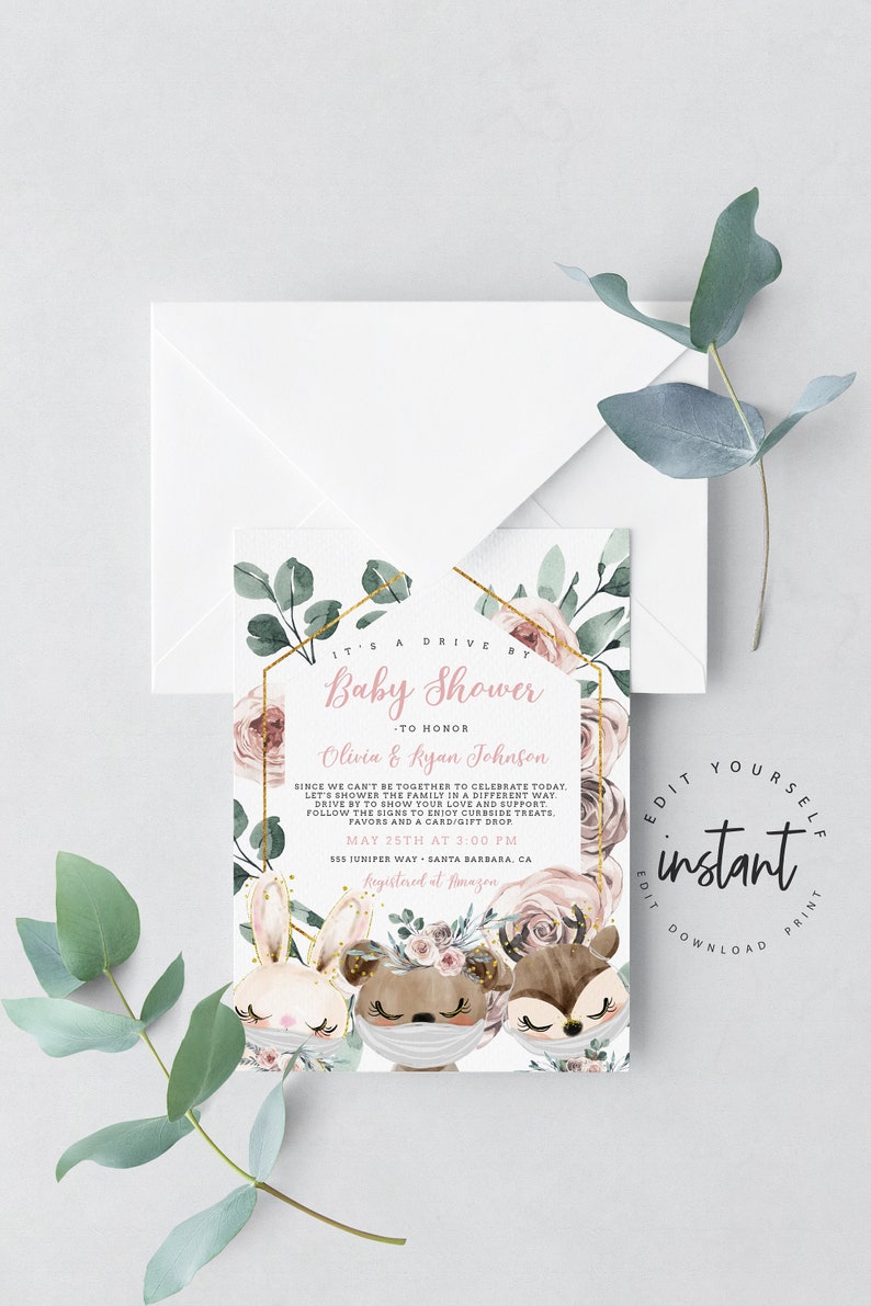 Drive by Baby Shower Invitation Floral Woodland Animal Baby Etsy