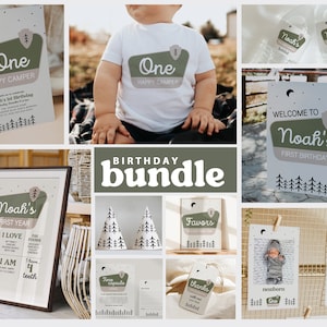 Camping First Birthday Bundle, One Happy Camper Birthday Decorations, Editable Corjl Template Bundle, Camping Party Set 208