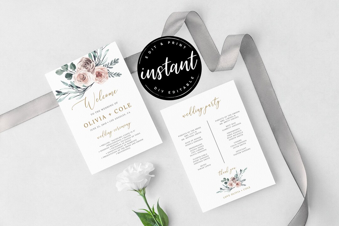 Editable Wedding Program, Boho Rose Wedding Program, Boho Gold Wedding ...