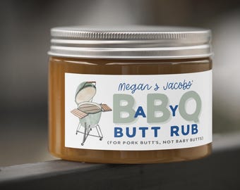 EDITABLE Baby-Q Butt Rub Baby Shower Favor, Unisex Backyard Couples Baby Sprinkle Favor, BBQ Baby Shower Favor, Boy Baby Shower Favor Label