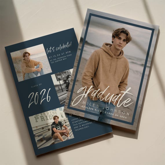 Modern Graduation Invitation Template, Navy Photo Collage, Senior Grad Announcement (Digital Download) 129
