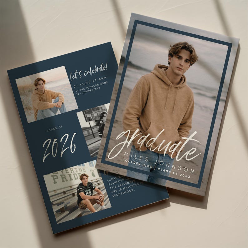 May include: Two navy blue graduation announcements. One features a photo of a person in a tan hoodie, with the word "graduate" in white script. The other has photos and the text "Class of 2026" and "Let's celebrate!"