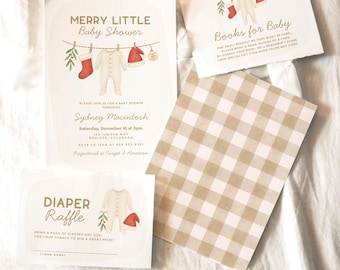 May include: A collection of baby shower invitations and inserts with a festive theme. The invitations feature the text "Merry Little Baby Shower" and "Diaper Raffle". The inserts include "Books for Baby" and a patterned card.