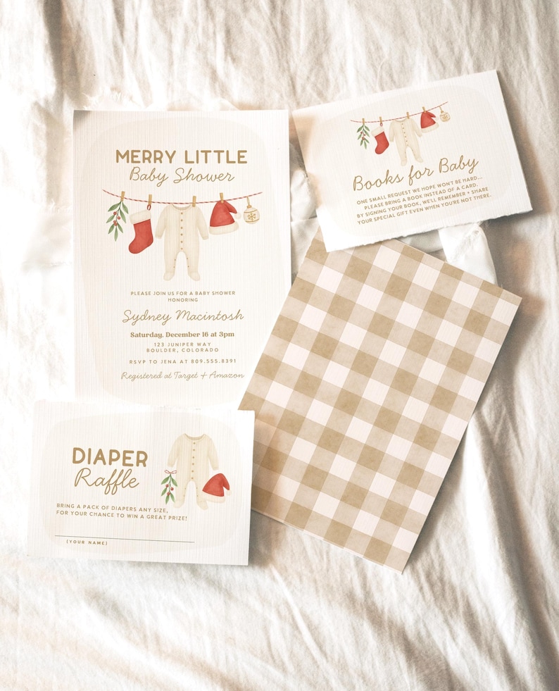 May include: A set of baby shower stationery with a festive design. The invitations and inserts include the phrases "Merry Little Baby Shower", "Diaper Raffle", and "Books for Baby". The design includes illustrations of baby clothes.