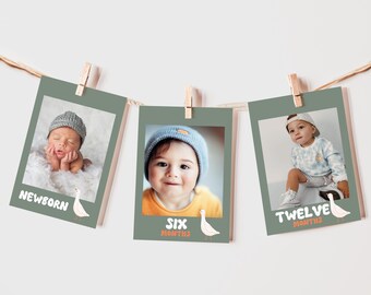 May include: A set of three green photo cards with white borders, each featuring a baby at different ages. The cards are hung on a string with clothespins. The cards have the text "NEWBORN", "SIX MONTHS", and "TWELVE MONTHS" with a white goose illustration on each card.