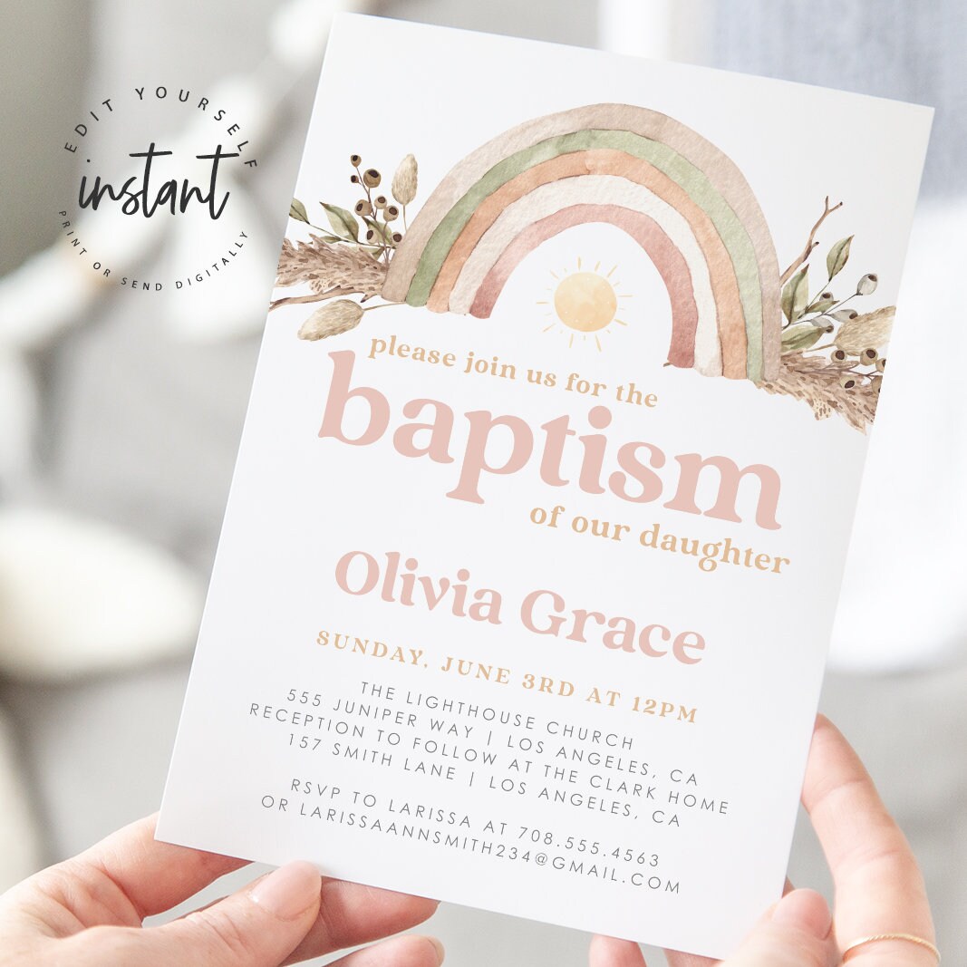 Rainbow Baptism Invitation Boho Baptism Invitation Template Etsy