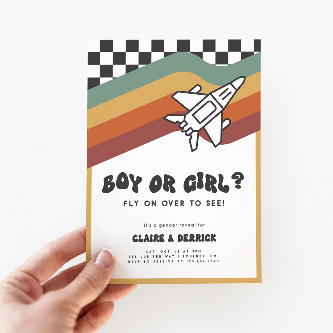 Retro Airplane Gender Reveal Invitation, Boy or Girl Editable Gender