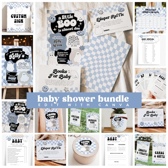 Blue Ghost Baby Shower Bundle, Boy Halloween Invite (Editable Canva Template)
