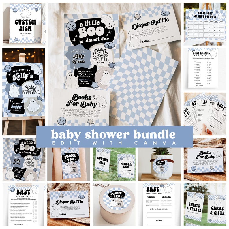 May include: A collection of baby shower stationery items with a ghost theme. Includes invitations, games, signs, and thank you tags. The color scheme is light blue and white with a checkered pattern and the text "baby shower bundle".