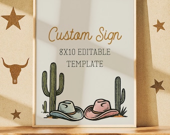 May include: A framed sign with the text "Custom Sign" and "8x10 Editable Template". The sign features illustrations of cacti and two cowboy hats. The background has decorative elements of stars, a horseshoe, and bull skulls.
