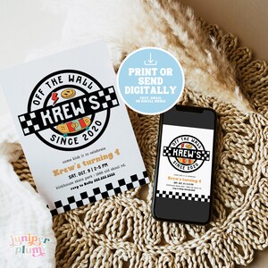 May include: A black and white birthday invitation with a checkered pattern. The invitation features a logo with the text "Off the Wall Krew's Since 2020" and a skateboard graphic. The invitation is for a birthday party for a child turning 4.