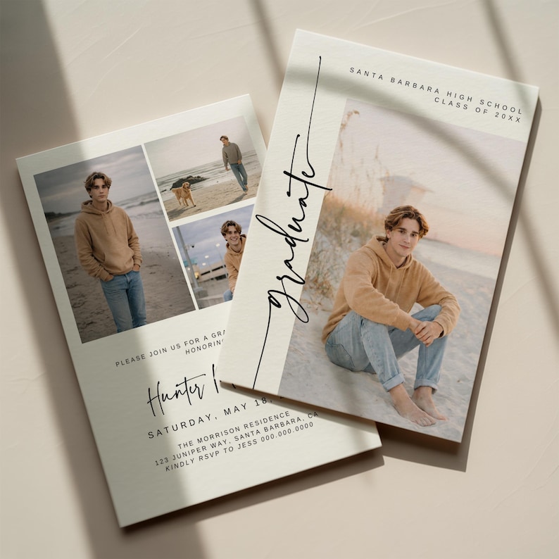 May include: Two graduation announcement cards. One card features a photo collage and text that reads "Please join us for a graduation honoring Hunter I." The other card has a photo of a person and the word "graduate."