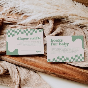 Salbei-grüne Retro-Baby-Dusche-Buch-Anfrage Windel-Verlosung Gender Neutral Babyparty gewellt kariert Babyparty-Dekor bearbeitbare Vorlage