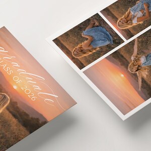 May include: Graduation announcement featuring a photo collage with a sunset backdrop. The main card displays "Graduate Class of 2026" in elegant script. Additional photos showcase a person in denim overalls. The announcement includes event details: "Grad Party" and date.