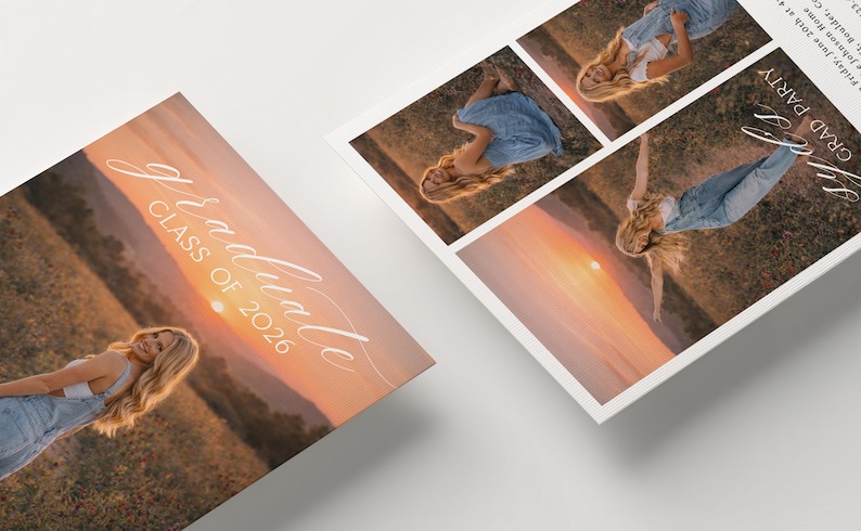 May include: Graduation announcement featuring a photo collage with a sunset backdrop. The main card displays "Graduate Class of 2026" in elegant script. Additional photos showcase a person in denim overalls. The announcement includes event details: "Grad Party" and date.