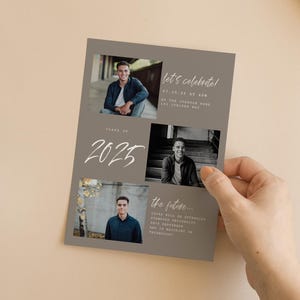 K&ouml;nnte beinhalten: Eine Graduation-Ank&uuml;ndigung mit grauem Hintergrund und Fotos eines jungen Mannes. Die Ank&uuml;ndigung enth&auml;lt den Text "let's celebrate!" und "Class of 2025".