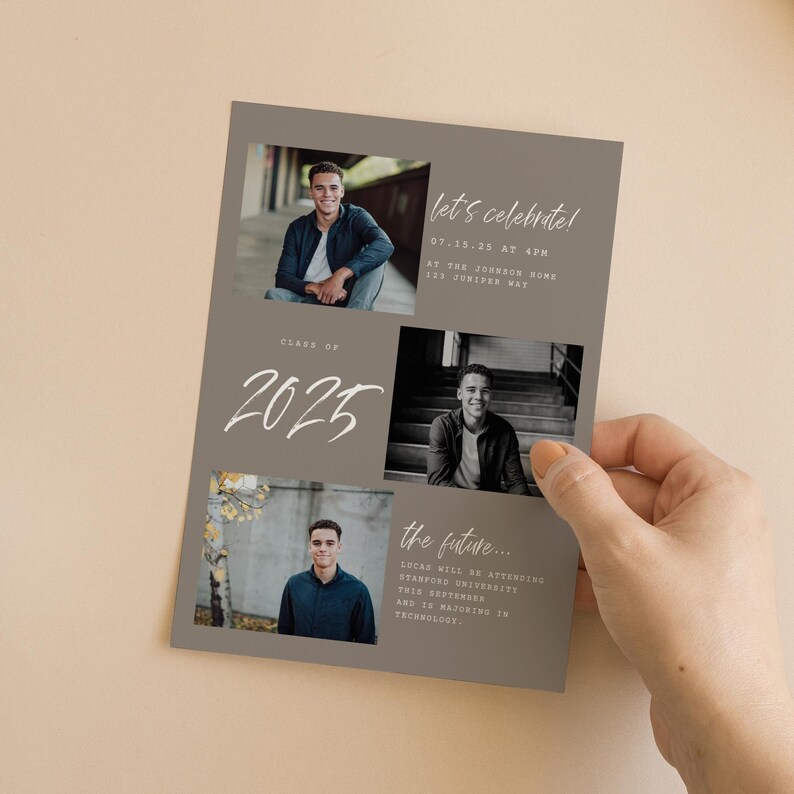 K&ouml;nnte beinhalten: Eine Graduation-Ank&uuml;ndigung mit grauem Hintergrund und Fotos eines jungen Mannes. Die Ank&uuml;ndigung enth&auml;lt den Text "let's celebrate!" und "Class of 2025".