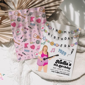 May include: A pink and white birthday invitation with a cartoon illustration of a woman playing a guitar. The invitation says "In My Birthday Era 1989" and includes the text "Please join us to celebrate Nadia's 8th Birthday, Sat. July 9 2-7PM, Nadia's house 1989 Swiftie Road, RSVP to Jilly 888.888.8888".