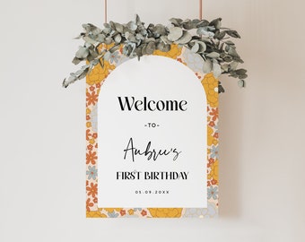Groovy One Birthday Welcome Sign Template, One Groovy Girl Welcome, Retro Boho Floral Girl Birthday Printable, Editable Template, 189